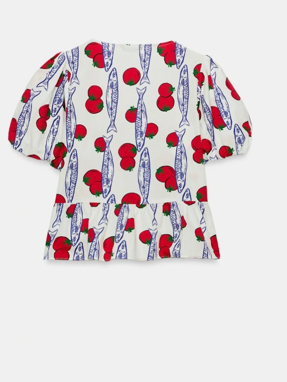 New With Tags Tie-Front Puff Sleeve Top in White with Red Print